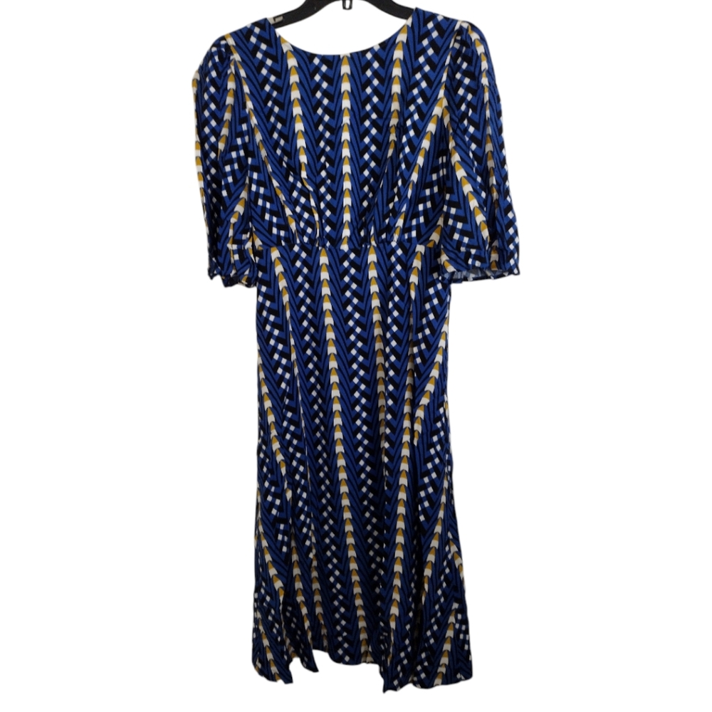 The Odell's Anthropologie blue yellow white Geometric dress bell sleeves size XS